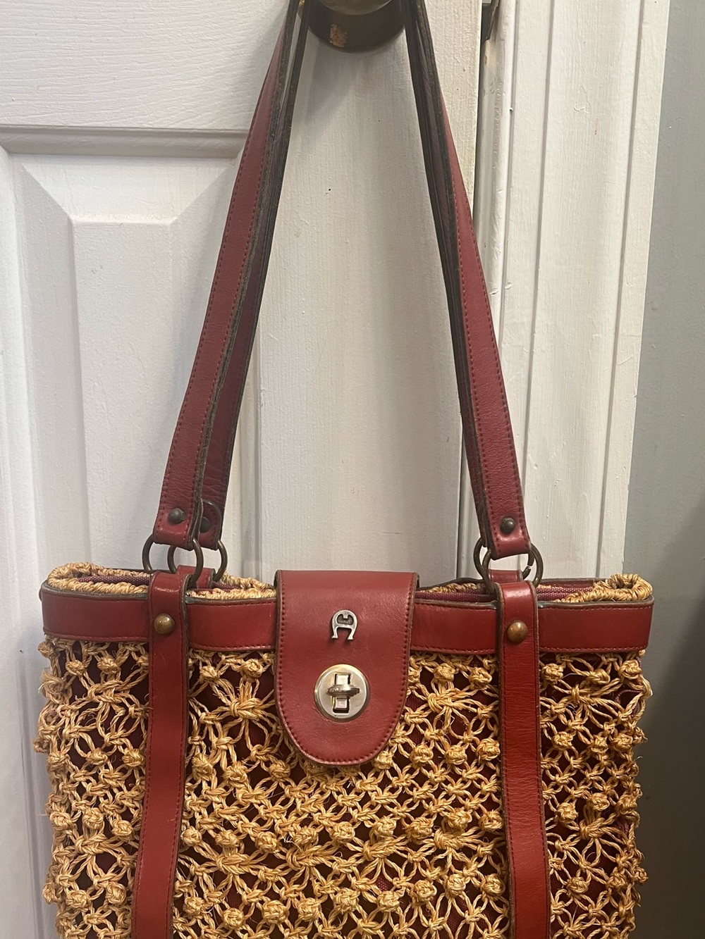 Etienne Aigner Brown Woven Tote with Red Leather Trim